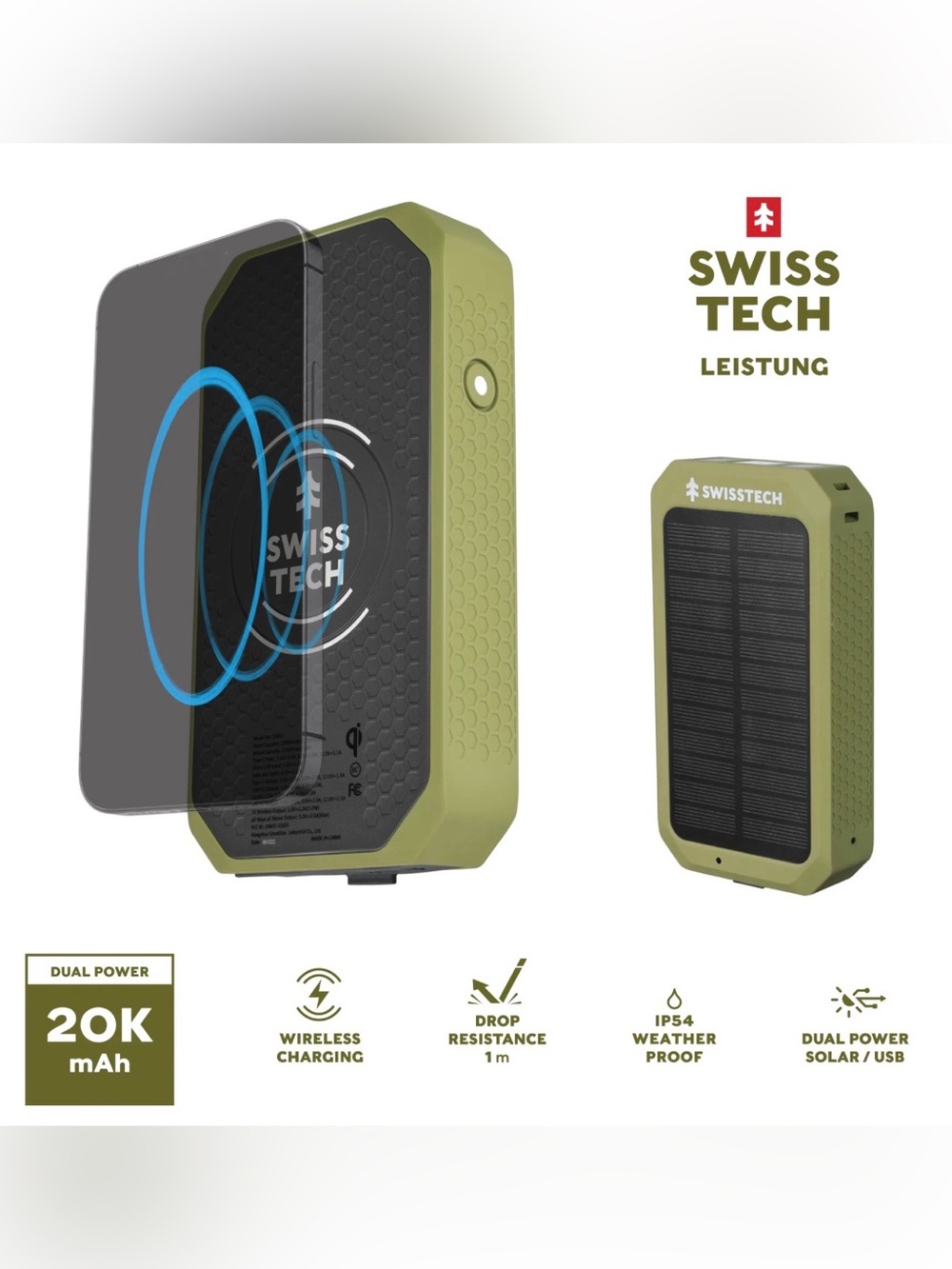 Solar Charger Power Bank Swiss Tech Olive Green Portable Wireless w/ Flashlight